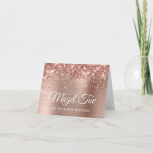 Tarjeta Rosa Purpurinoso Oro Mazel Tov en tu Bat Mitzvah