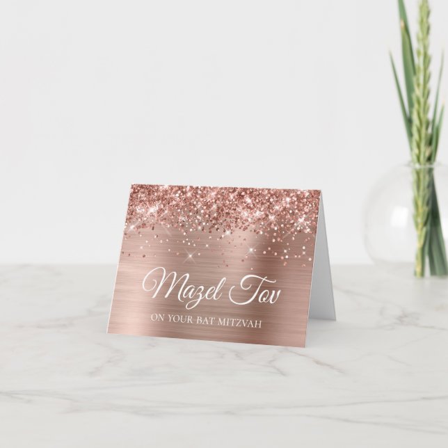 Tarjeta Rosa Purpurinoso Oro Mazel Tov en tu Bat Mitzvah (Anverso)