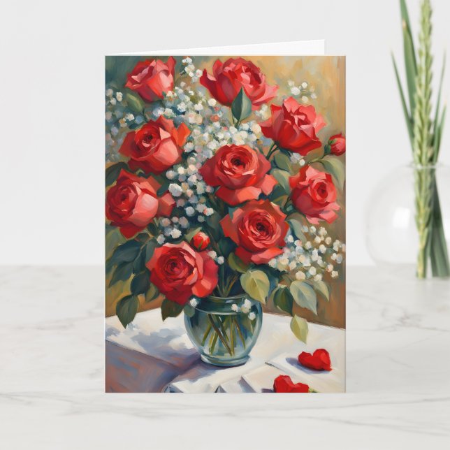 Tarjeta Rosa Roja y Aliento de Bebé Blanco San Valentín (Anverso)