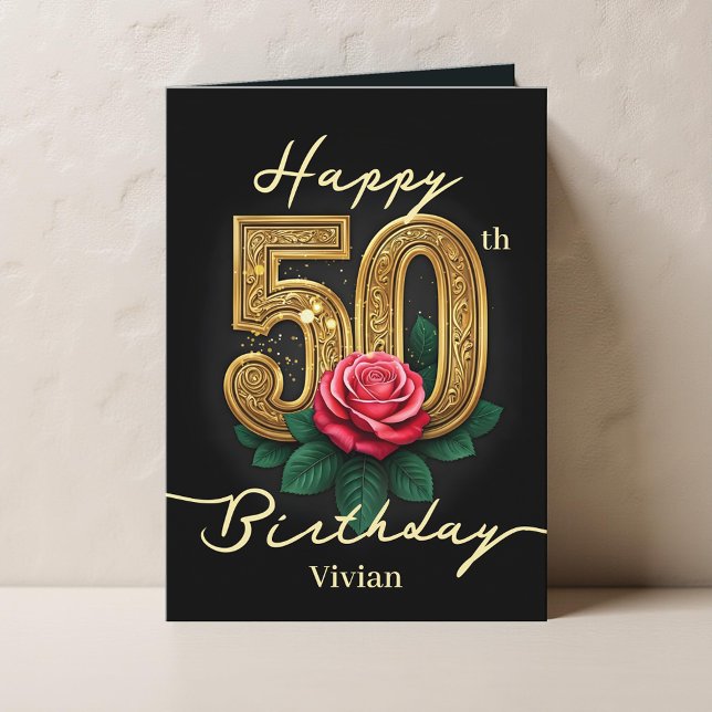 Tarjeta Rosa Roja y Oro Filigree Número 50 cumpleaños (Subido por el creador)