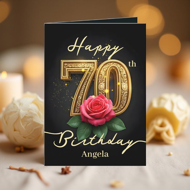 Tarjeta Rosa Roja y Oro Filigree Número 70 cumpleaños (Subido por el creador)