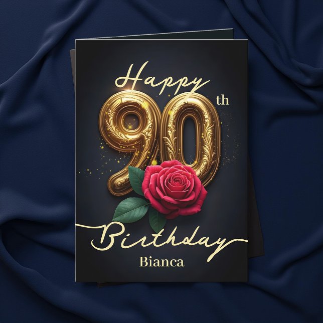 Tarjeta Rosa roja y oro Filigree número 90 cumpleaños (Subido por el creador)