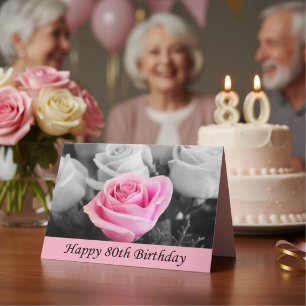 Tarjeta Rosa Rosa Elegante Cumpleaños 80, Floral Hito