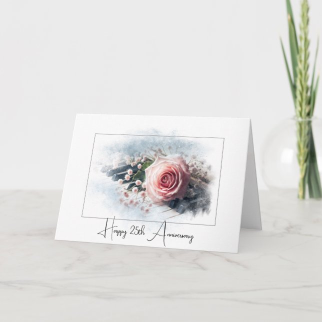 Tarjeta Rosa Rosa En Piano Por 25 Aniversario (Anverso)