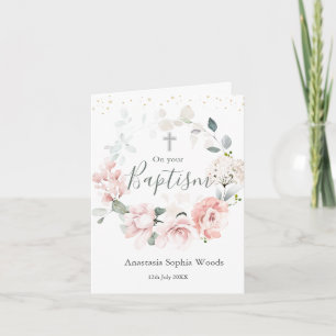 Tarjeta Rosa rosa Foliage Cross Baptism