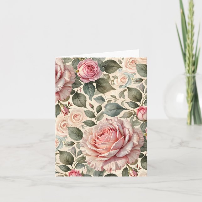Tarjeta Rosa Rosa Gigante y Capullos Botánico (Anverso)