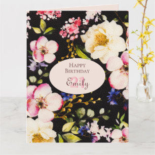 Tarjeta Rosa rosa y amarillo color de agua en negro, cumpl