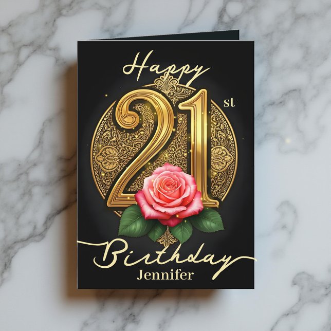 Tarjeta Rosa rosa y oro Filigree número 21 cumpleaños (Subido por el creador)