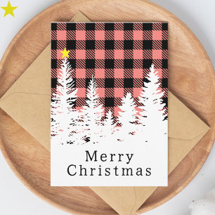 Tarjeta Rosa Rústico Búfalo Cuadros Bosque Feliz Navidad