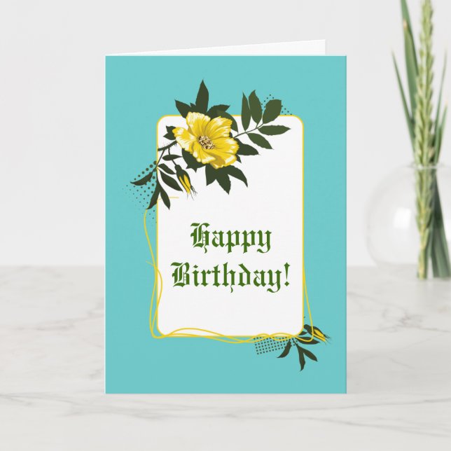 Tarjeta Rosa salvaje amarillo aqua floral Feliz cumpleaños (Anverso)