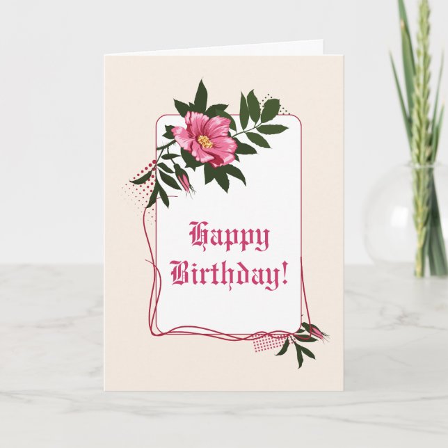 Tarjeta Rosa salvaje rosa, lino floral Feliz cumpleaños (Anverso)