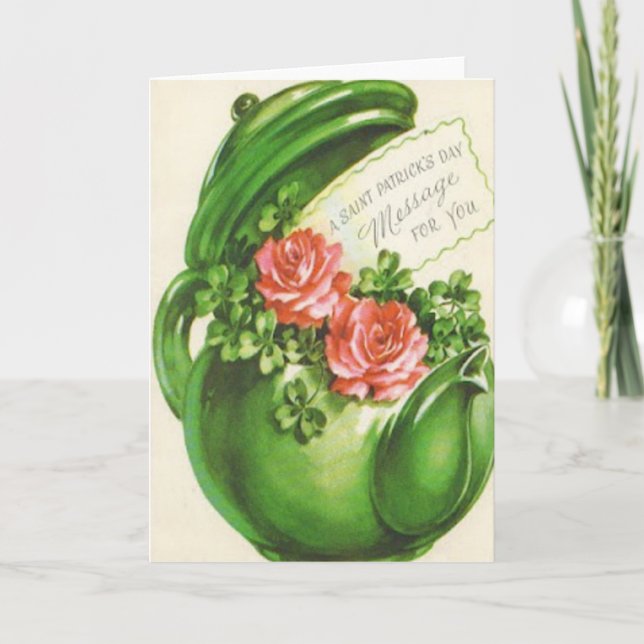 Tarjeta Rosa verde de Tetera Shamrock St Patrick (Anverso)