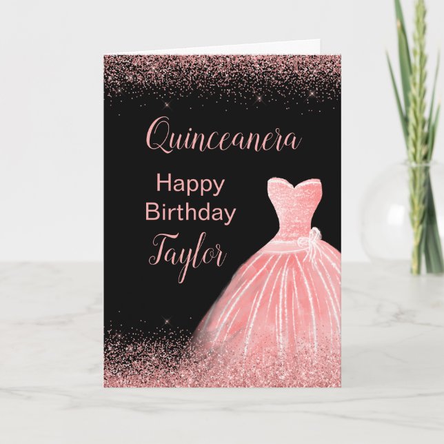Tarjeta Rosa Vestido Rosa Faux Purpurina Quinceanera (Anverso)