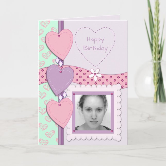 Tarjeta Rosa y morado con corazones y foto (Anverso)