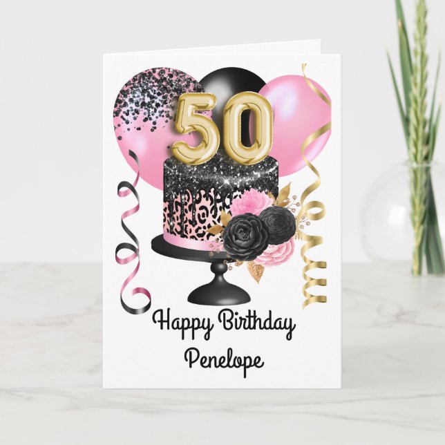 Tarjeta Rosa y negro Cumpleaños 50 dorado (Anverso)