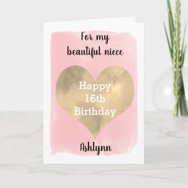 Tarjeta Rosa y Oro Feliz 16 cumpleaños a mi sobrina (Anverso)