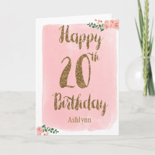 Tarjeta Rosa y Oro Feliz 20 cumpleaños