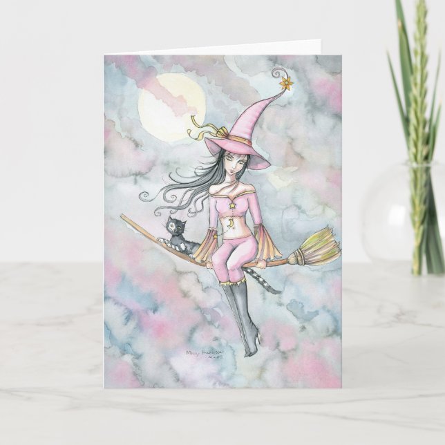 Tarjeta rosada de la bruja y del gato de Halloween (Anverso)