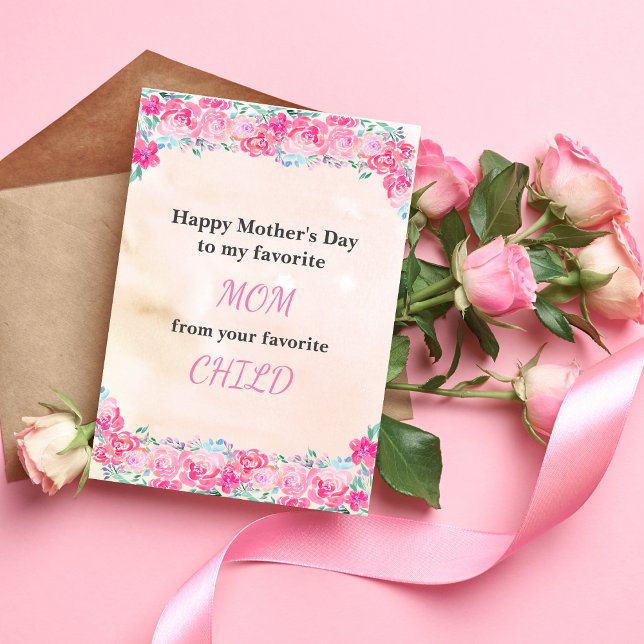Tarjeta Rosas acuarelas divertidos Día favorito de la Madr (Subido por el creador)