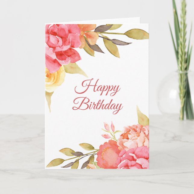 Tarjeta Rosas acuarelas y cumpleaños femenino de Peonies (Anverso)