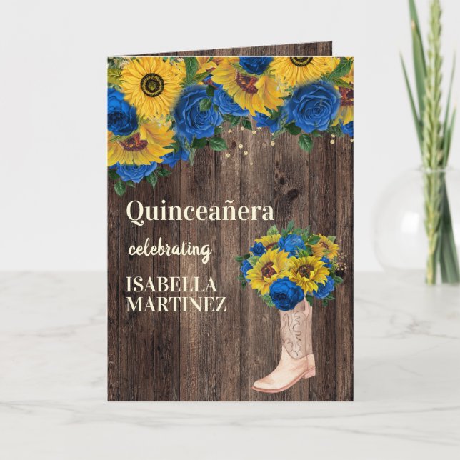 Tarjeta Rosas azules girasoles bebé foto Quinceañera (Anverso)