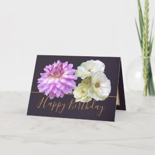 Tarjeta Rosas Blancas y Bouquet Floral de Dahlia Rosa