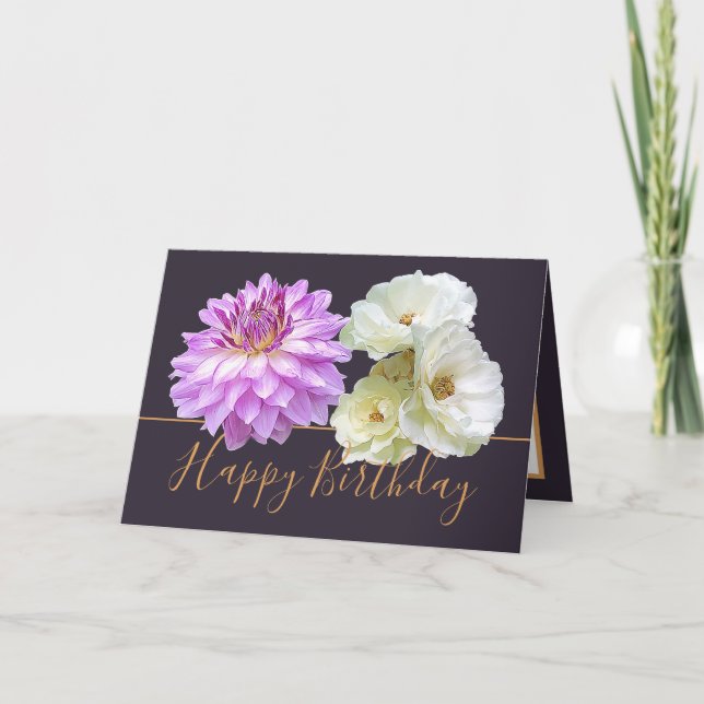 Tarjeta Rosas Blancas y Bouquet Floral de Dahlia Rosa (Anverso)