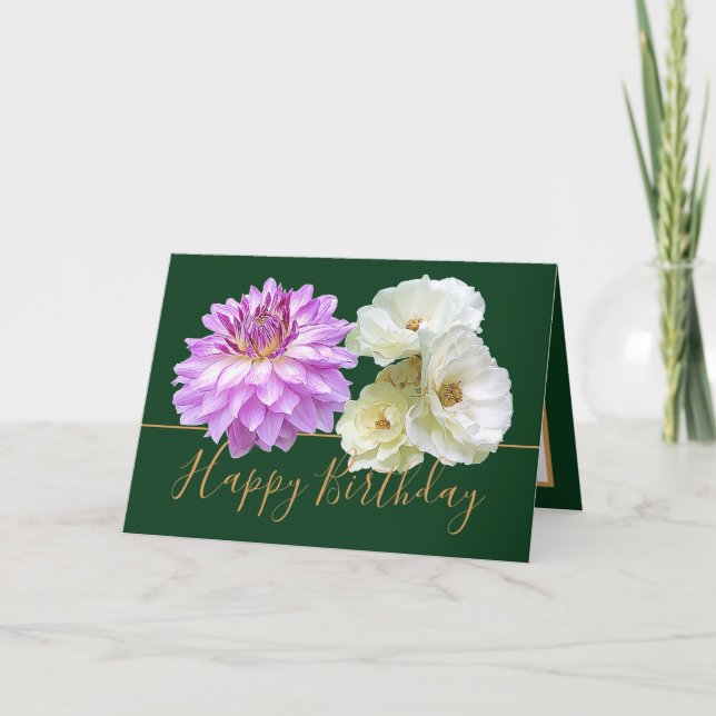 Tarjeta Rosas Blancas y Bouquet Floral de Dahlia Rosa (Anverso)