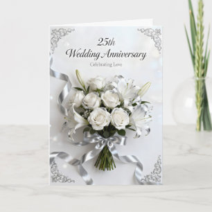 Tarjeta Rosas Blancas y Cinta de Plata 25 Aniversario