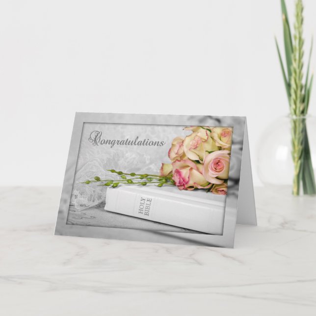 Tarjeta Rosas bodas sobre la Santa Biblia (Anverso)