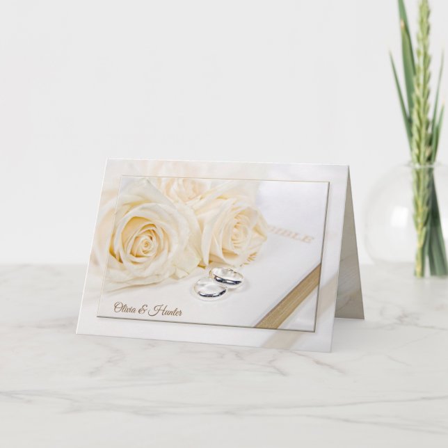 Tarjeta rosas bodas y anillos en la Biblia blanca (Anverso)