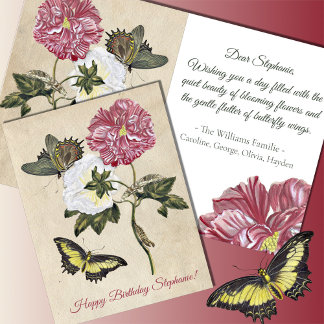 Tarjeta Rosas botánicos vintage mariposa Cumpleaños