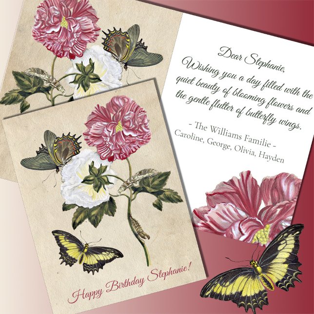 Tarjeta Rosas botánicos vintage mariposa Cumpleaños (Subido por el creador)