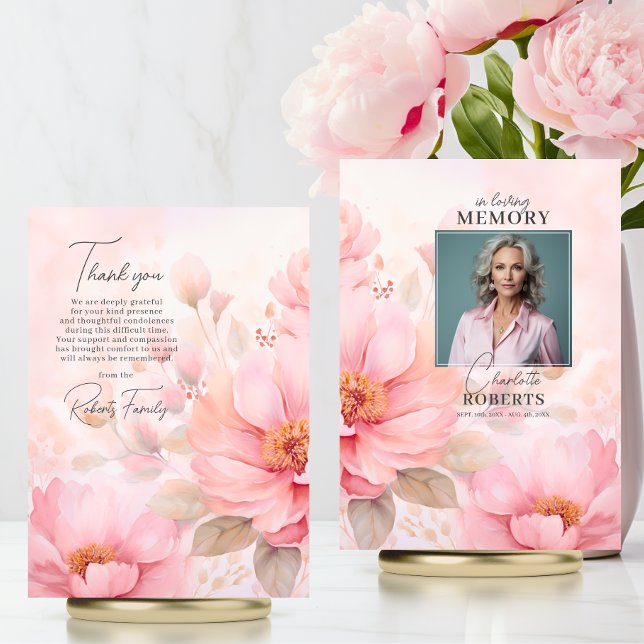 Tarjeta Rosas Compasión Rosa Funeral Gracias | FOTO (Feminine Vintage Roses Blush Pink Funeral Thank You  PHOTO | Memorial Service)