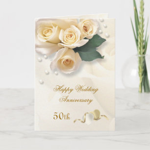 Tarjeta Rosas crema de melocotón, corazones 50 aniversario