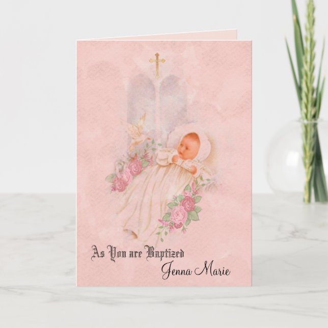 Tarjeta Rosas Cruz Bautizo de Niña Bebé (Anverso)