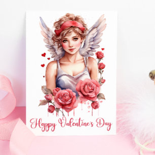 Tarjeta Rosas de acuarela Cupido Feliz Día de San Valentín