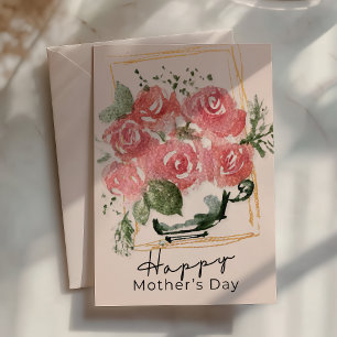 Tarjeta Rosas de acuarela rústica en una taza de té   Día 