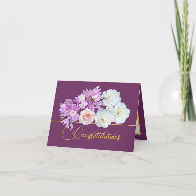Tarjeta Rosas de Bouquet de Oro Morado cruzan felicitacion (Anverso)