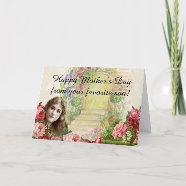 Tarjeta Rosas de col victoriana mujer puerta con flores (Anverso)