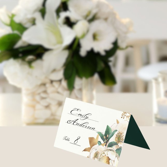 Tarjeta Rosas de crema de otoño y verde esmeralda profundo (Autumn wedding watercolor roses table or escort card)
