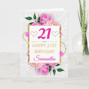 Tarjeta Rosas de cumpleaños glamurosas rosadas y doradas