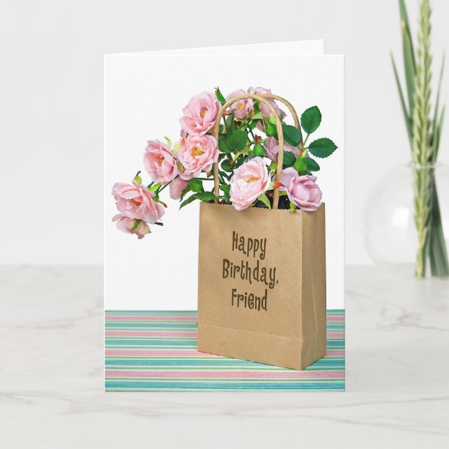 Tarjeta Rosas de cumpleaños rosados en bolsa para un amigo (Anverso)