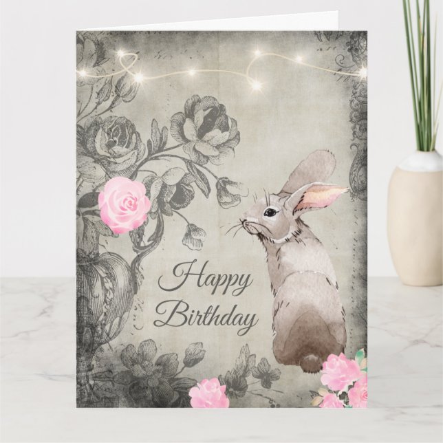 Tarjeta Rosas de estilo vintage y cumpleaños de conejo gra (Anverso)