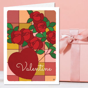 Tarjeta Rosas del Corazón de Vidrio Manchado de Valentine