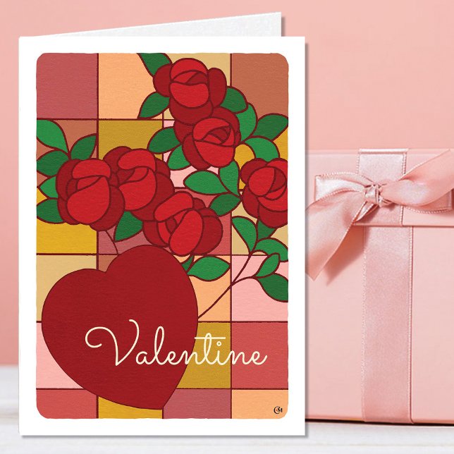 Tarjeta Rosas del Corazón de Vidrio Manchado de Valentine (Subido por el creador)