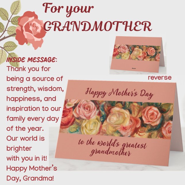 Tarjeta rosas florales del Día de la Madre (A beautiful floral roses Mother's Day card for your special grandmother! All text customizable.)
