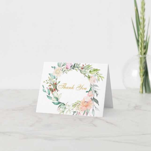 Tarjeta Rosas florales Greenery Gold Script Gracias (Anverso)