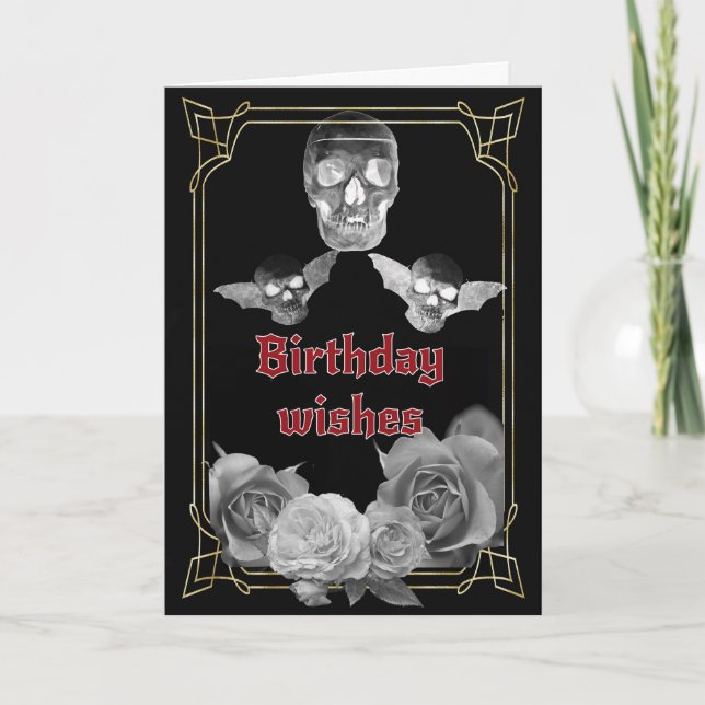 Tarjeta Rosas grises plateados y cumpleaños de cráneos (Anverso)