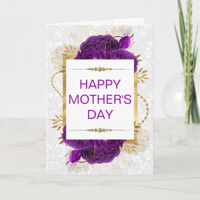 Tarjeta Rosas morados oscuros y Día de la Madre Purpurina  (Anverso)